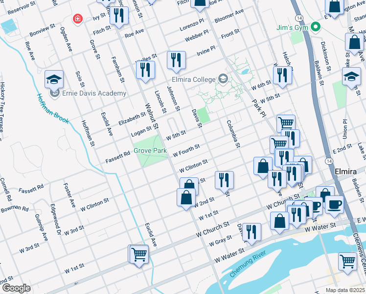 map of restaurants, bars, coffee shops, grocery stores, and more near 437 West 5th Street in Elmira