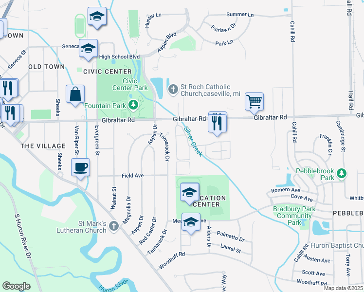 map of restaurants, bars, coffee shops, grocery stores, and more near 29331 Tamarack Drive in Flat Rock