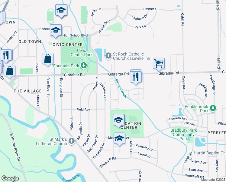 map of restaurants, bars, coffee shops, grocery stores, and more near 29331 Tamarack Drive in Flat Rock