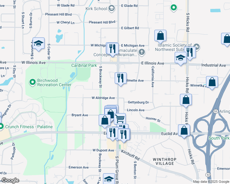 map of restaurants, bars, coffee shops, grocery stores, and more near 948 South Plum Grove Road in Palatine