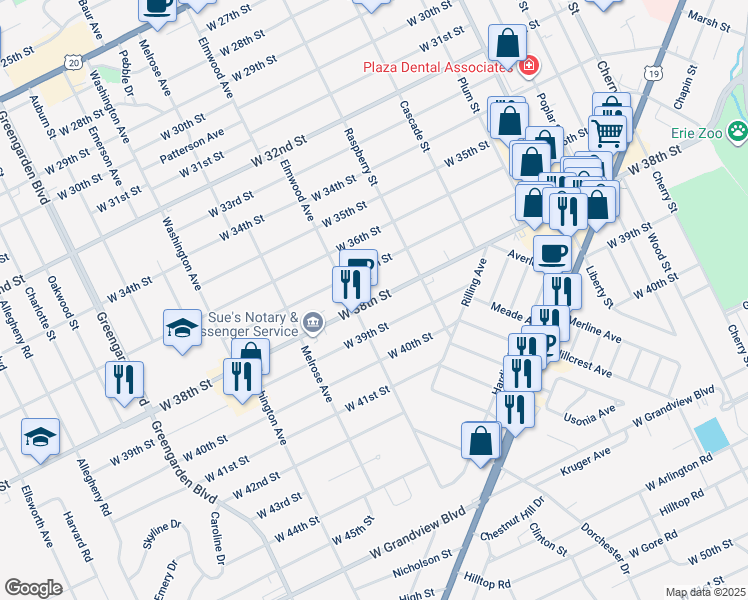 map of restaurants, bars, coffee shops, grocery stores, and more near 1206 West 38th Street in Erie
