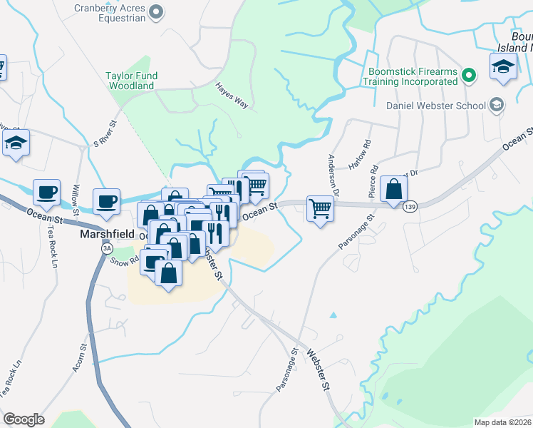 map of restaurants, bars, coffee shops, grocery stores, and more near 1801 Ocean Street in Marshfield