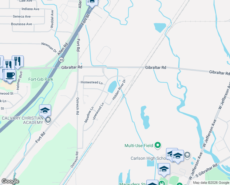 map of restaurants, bars, coffee shops, grocery stores, and more near 29258 Hidden River Drive in Gibraltar