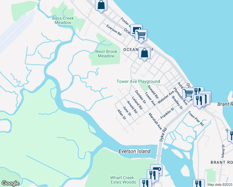 map of restaurants, bars, coffee shops, grocery stores, and more near 180 Arnold Road in Marshfield