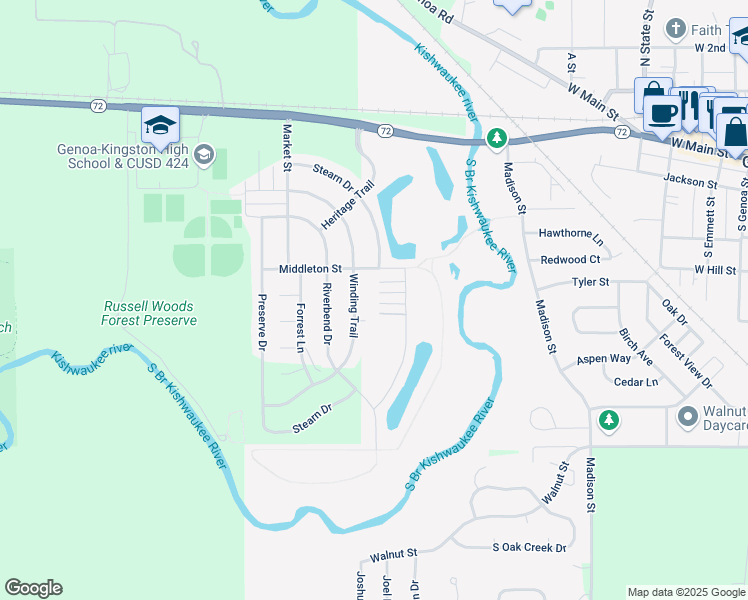 map of restaurants, bars, coffee shops, grocery stores, and more near 406 Winding Trail in Genoa
