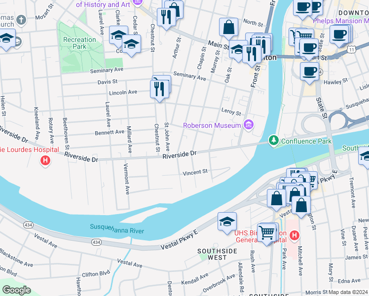 map of restaurants, bars, coffee shops, grocery stores, and more near 46 Riverside Dr in Binghamton