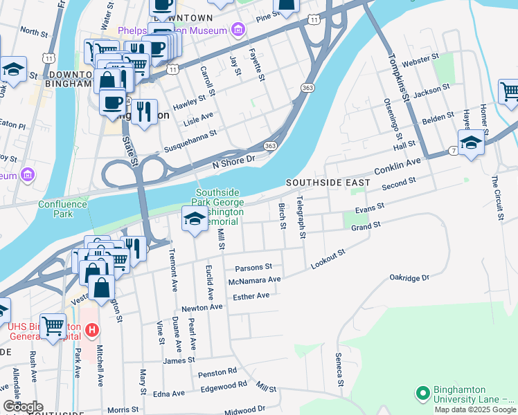 map of restaurants, bars, coffee shops, grocery stores, and more near 112 Conklin Avenue in Binghamton