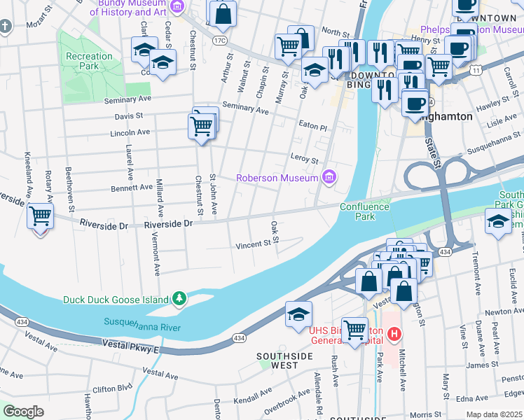 map of restaurants, bars, coffee shops, grocery stores, and more near 32 Riverside Drive in Binghamton