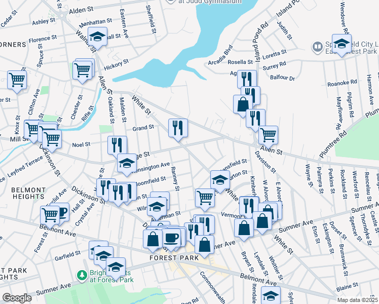 map of restaurants, bars, coffee shops, grocery stores, and more near 179 White Street in Springfield