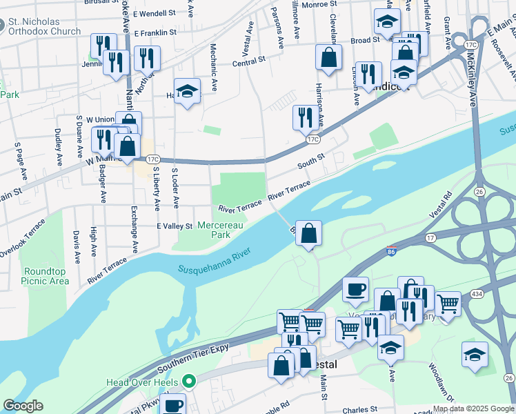 map of restaurants, bars, coffee shops, grocery stores, and more near 428 River Terrace in Endicott