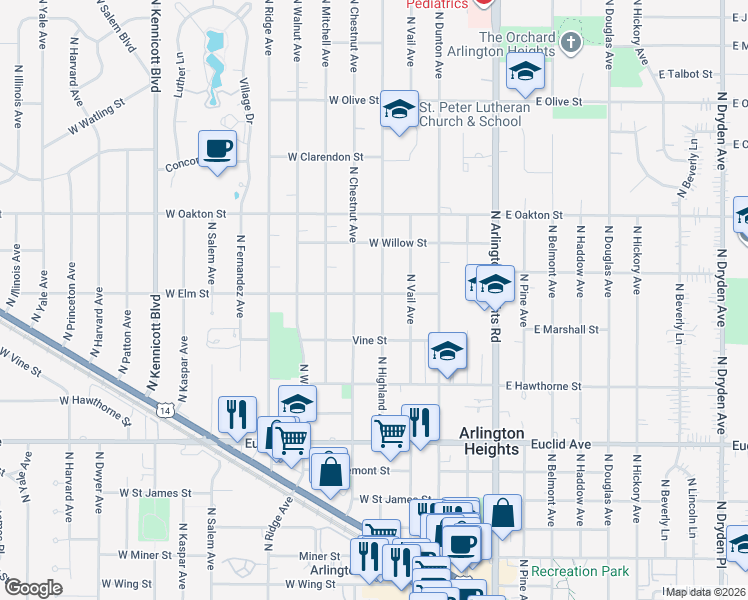 map of restaurants, bars, coffee shops, grocery stores, and more near 824 North Highland Avenue in Arlington Heights