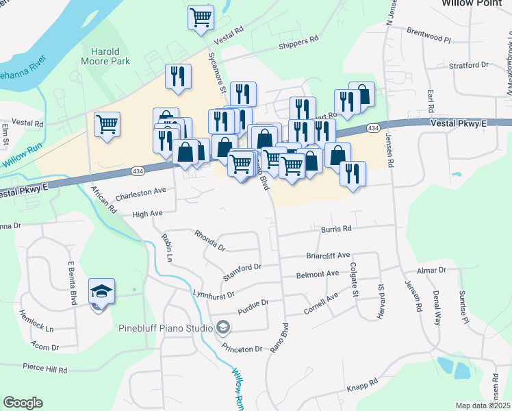 map of restaurants, bars, coffee shops, grocery stores, and more near 200 Rano Boulevard in Vestal