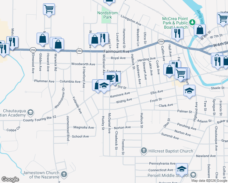 map of restaurants, bars, coffee shops, grocery stores, and more near 1623 West 3rd Street in Jamestown