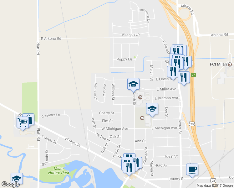 map of restaurants, bars, coffee shops, grocery stores, and more near 70 West Braman Avenue in Milan
