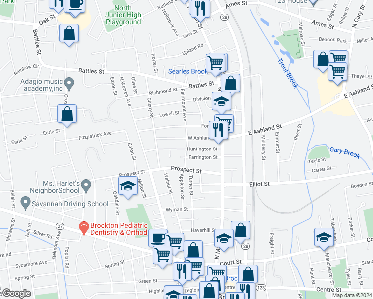 map of restaurants, bars, coffee shops, grocery stores, and more near 35 Wayland Street in Brockton