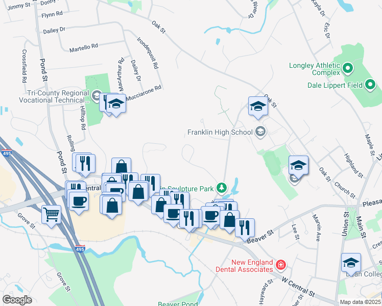 map of restaurants, bars, coffee shops, grocery stores, and more near 178 Highwood Drive in Franklin