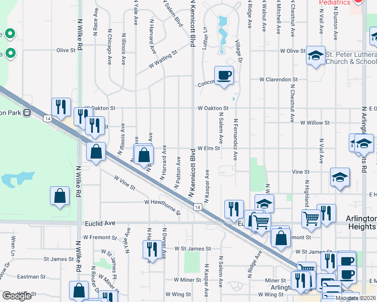 map of restaurants, bars, coffee shops, grocery stores, and more near 1011 West Elm Street in Arlington Heights