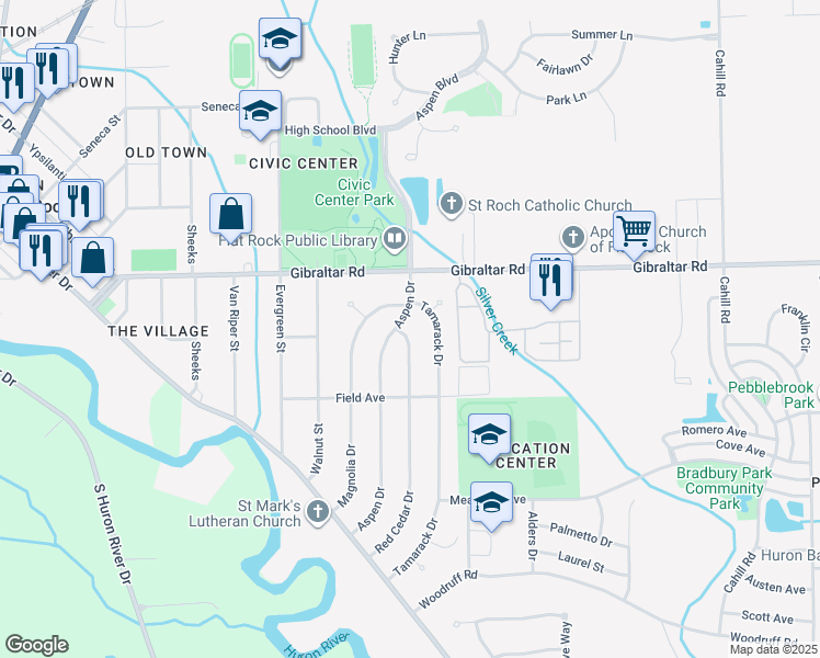 map of restaurants, bars, coffee shops, grocery stores, and more near 29287 Redcedar Drive in Flat Rock