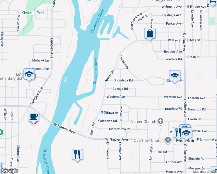 map of restaurants, bars, coffee shops, grocery stores, and more near 1389 Miami Road in Benton Harbor