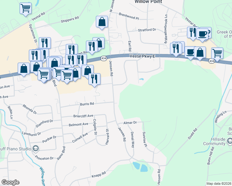 map of restaurants, bars, coffee shops, grocery stores, and more near 209 Jensen Road in Vestal