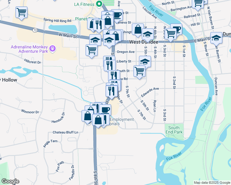 map of restaurants, bars, coffee shops, grocery stores, and more near 527 South 8th Street in West Dundee