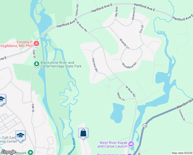 map of restaurants, bars, coffee shops, grocery stores, and more near 18 Harvest Road in Uxbridge