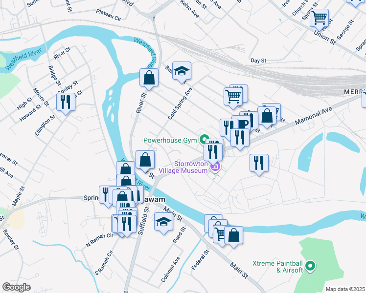 map of restaurants, bars, coffee shops, grocery stores, and more near 57 York Street in West Springfield
