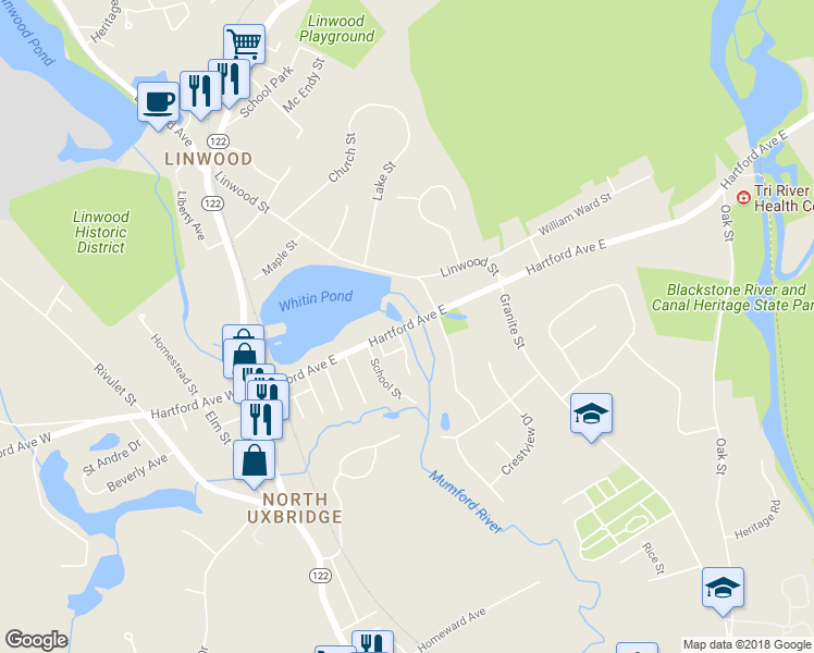 map of restaurants, bars, coffee shops, grocery stores, and more near 87 Hartford Avenue East in Uxbridge