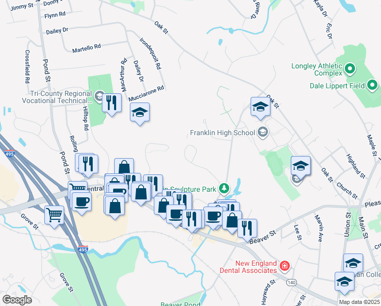 map of restaurants, bars, coffee shops, grocery stores, and more near 178 Highwood Drive in Franklin