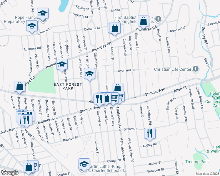 map of restaurants, bars, coffee shops, grocery stores, and more near 60 Clement Street in Springfield