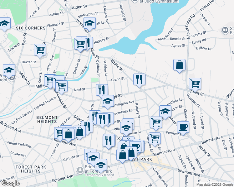 map of restaurants, bars, coffee shops, grocery stores, and more near 124 Revere Street in Springfield