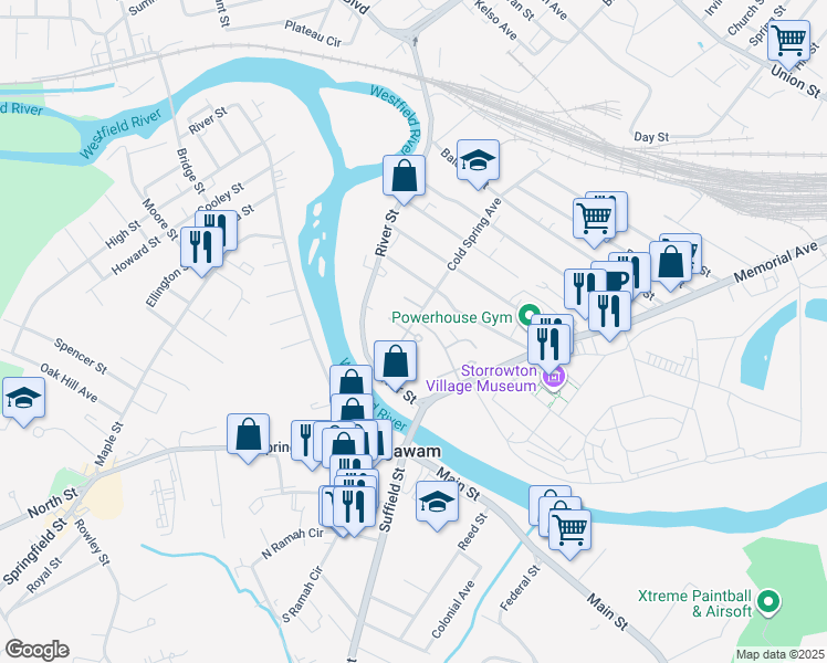 map of restaurants, bars, coffee shops, grocery stores, and more near 443 Cold Spring Avenue in West Springfield