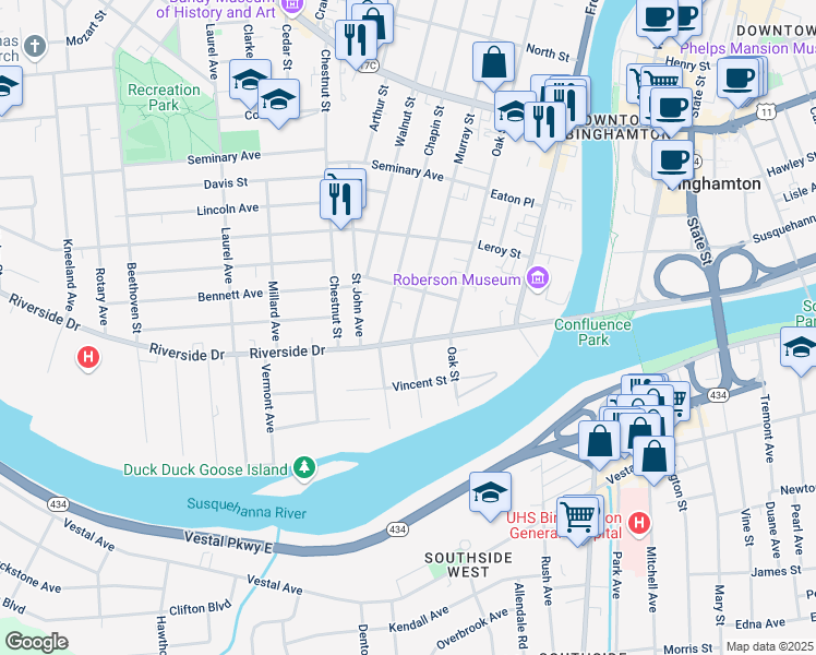 map of restaurants, bars, coffee shops, grocery stores, and more near 46 Riverside Drive in Binghamton