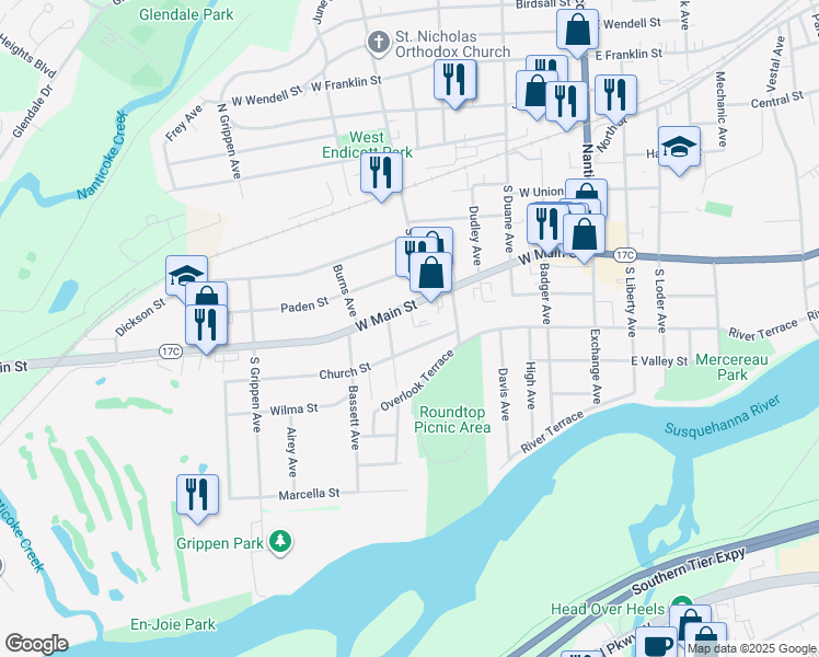 map of restaurants, bars, coffee shops, grocery stores, and more near 508 East Main Street in Endicott
