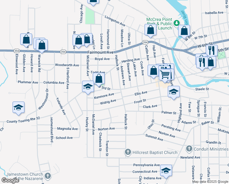 map of restaurants, bars, coffee shops, grocery stores, and more near 201 Hallock Street in Jamestown