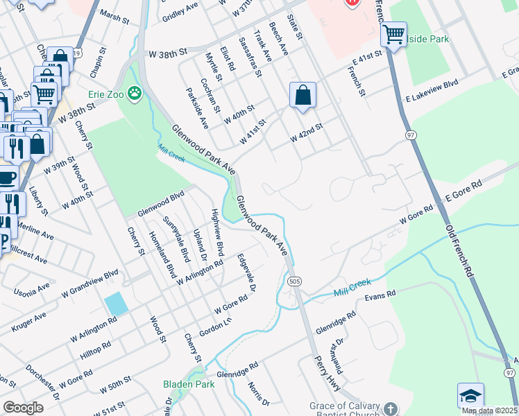 map of restaurants, bars, coffee shops, grocery stores, and more near 265 West Grandview Boulevard in Erie