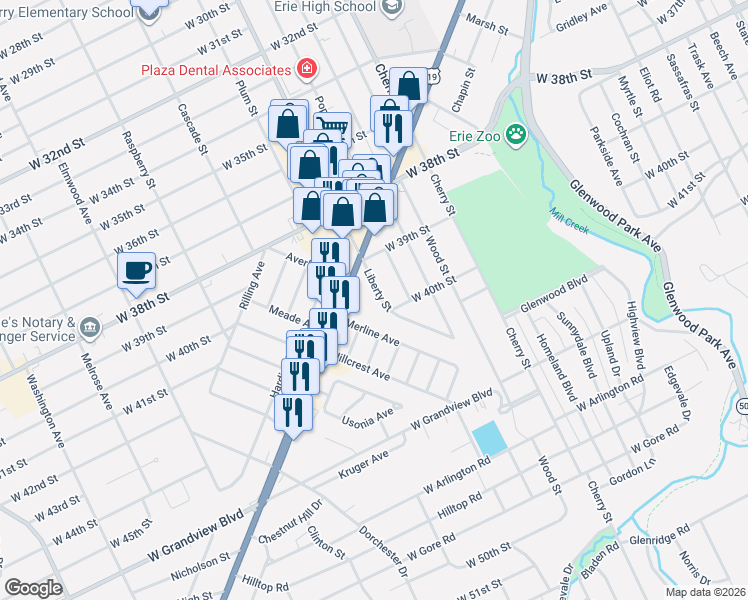 map of restaurants, bars, coffee shops, grocery stores, and more near 3947 Liberty Street in Erie