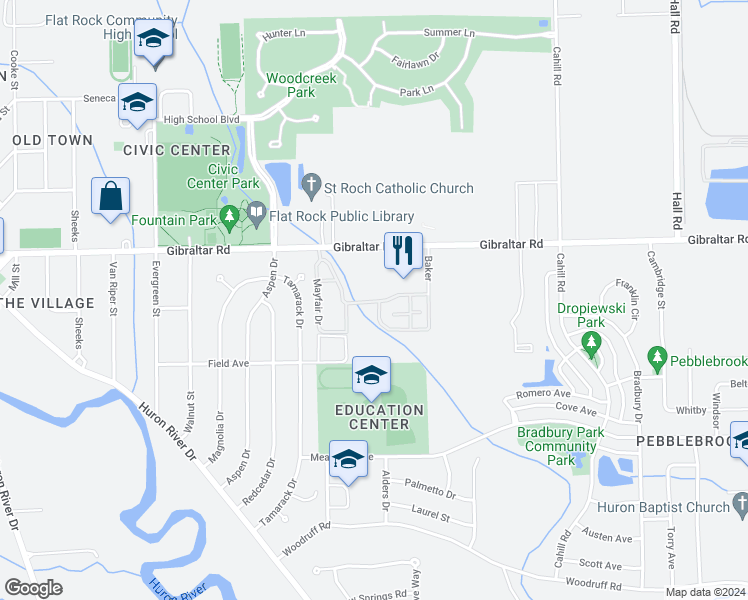 map of restaurants, bars, coffee shops, grocery stores, and more near 24723 Mayfair Street in Flat Rock