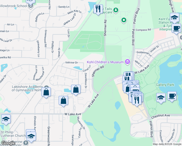 map of restaurants, bars, coffee shops, grocery stores, and more near 2137 Dauntless Drive in Glenview