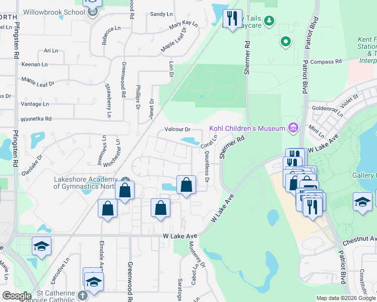 map of restaurants, bars, coffee shops, grocery stores, and more near 3077 Coral Lane in Glenview