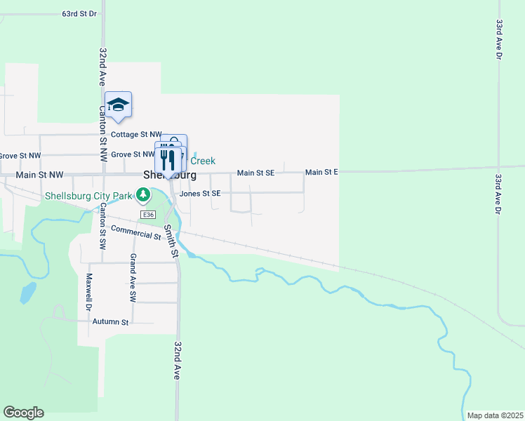 map of restaurants, bars, coffee shops, grocery stores, and more near 107 Homer Street in Shellsburg