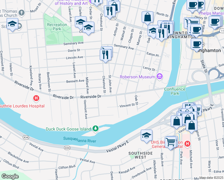 map of restaurants, bars, coffee shops, grocery stores, and more near 8 Saint John Avenue in Binghamton