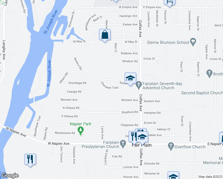 map of restaurants, bars, coffee shops, grocery stores, and more near 276 Cherokee Trail in Benton Harbor
