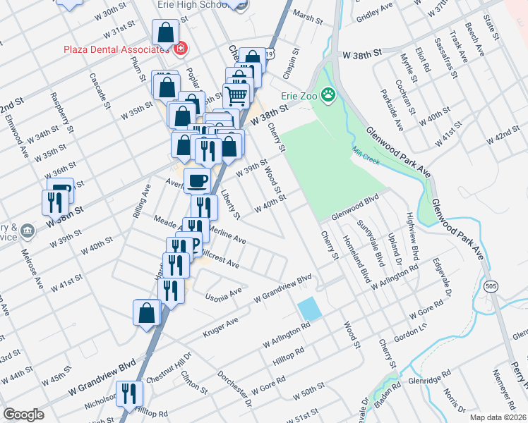 map of restaurants, bars, coffee shops, grocery stores, and more near 707 West 40th Street in Erie