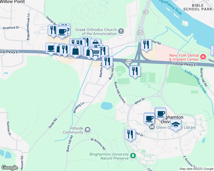 map of restaurants, bars, coffee shops, grocery stores, and more near 1078 Bunn Hill Road in Vestal