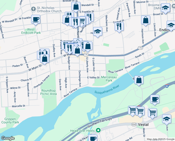 map of restaurants, bars, coffee shops, grocery stores, and more near South Liberty Avenue & New York State Bicycle Route 17 in Endicott