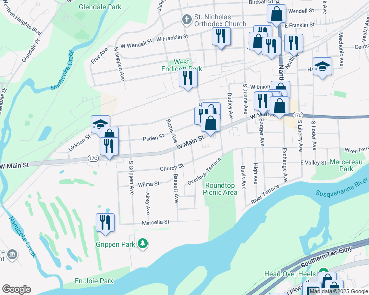 map of restaurants, bars, coffee shops, grocery stores, and more near 520 West Main Street in Endicott