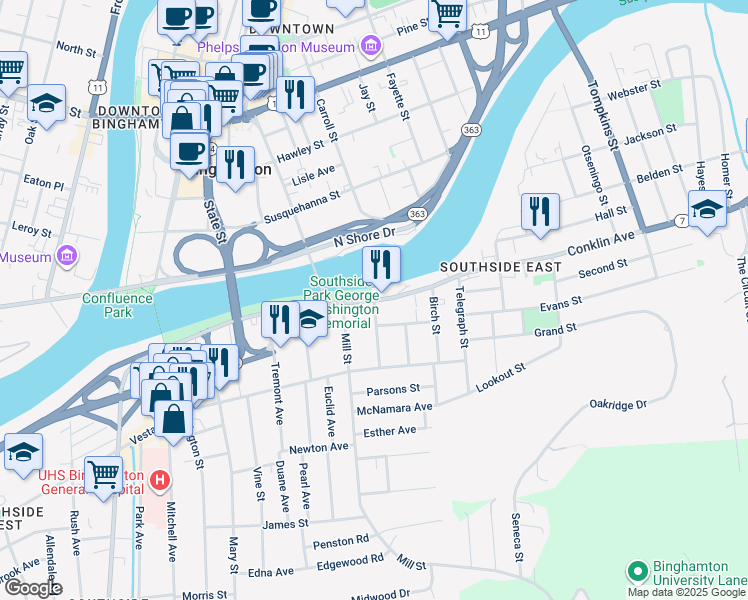 map of restaurants, bars, coffee shops, grocery stores, and more near Conklin Avenue & High Street in Binghamton
