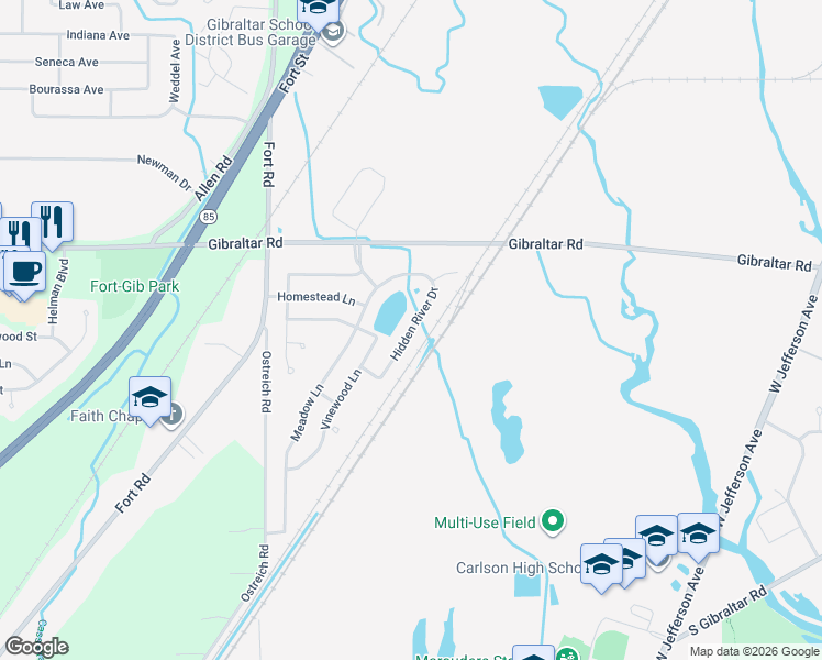 map of restaurants, bars, coffee shops, grocery stores, and more near Hidden River Drive in Gibraltar