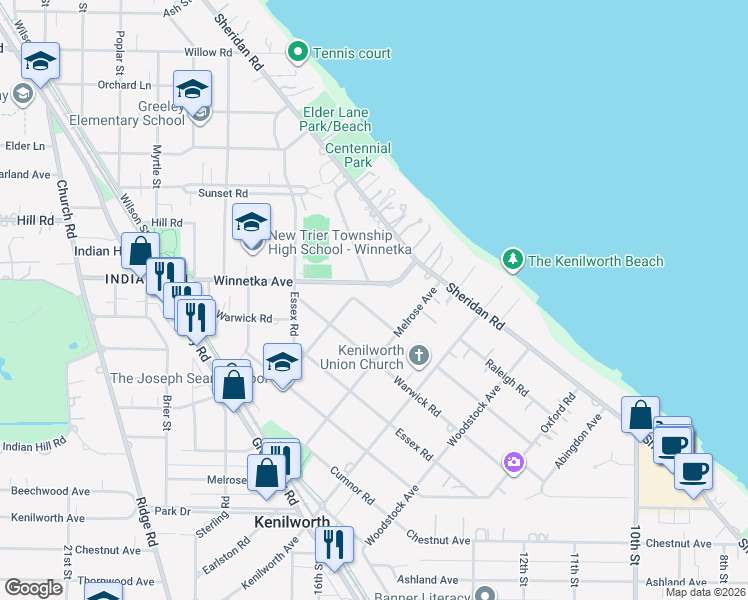 map of restaurants, bars, coffee shops, grocery stores, and more near 533 Roslyn Road in Kenilworth